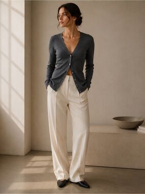 TSEsay by TSE 100% Wool Ribbed Cardigan | Quiet Luxury Fine Knit Button Front